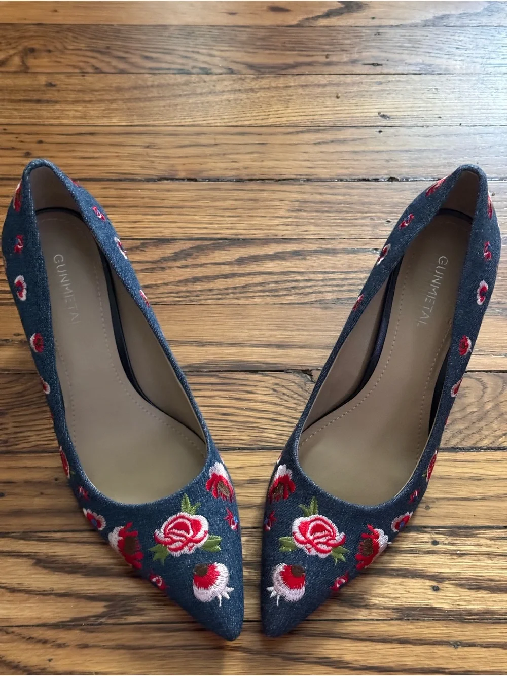 Embroidered Denim Pointed-Toe Pumps in Blue with Red Floral Detail
